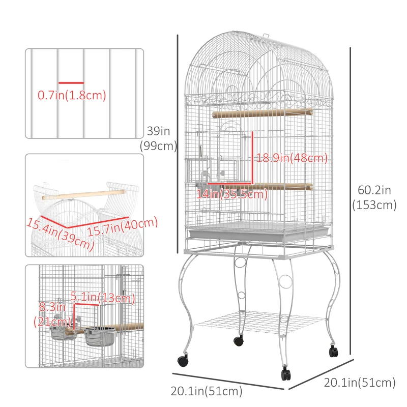 PawHut Play Open Top Bird Cage 60" Parrot Cage for Cockatiel, Sun Conure with Rolling Stand, Removable Tray, Perches, Storage Shelf White, 20.1" x 20.1"