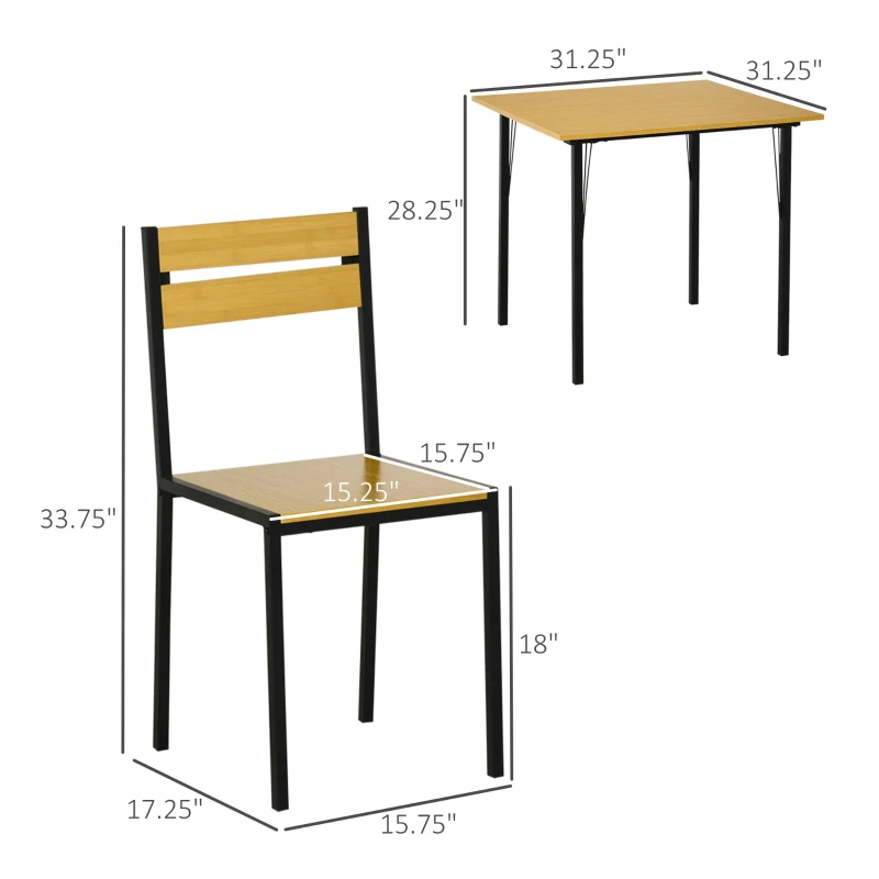 HOMCOM Industrial 3-Piece Dining Table Set, Square Kitchen Table with 2 Chairs for Dorms, Apartments, Studios, Bamboo