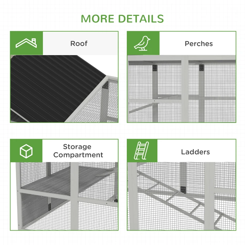 PawHut 142" Outdoor Wooden Chicken Coop with Run, Ramps, Perches, Storage, Combinable Design for 6 - 10 Chickens, Grey