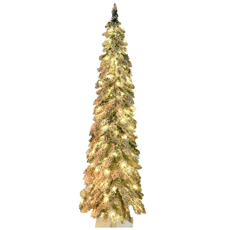 HOMCOM 5' Artificial Slim Christmas Trees, with Snow Frosted Branches, Warm White or Colorful LED Lights, Downswept Shape