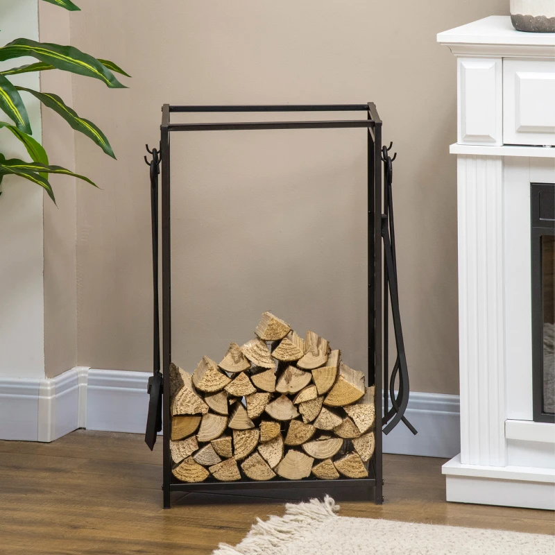 HOMCOM Firewood Rack with 4 Tools, Log Holder for Fireplace, Outdoor Indoor Wood Storage Stacker, 18.1" x 11.8" x 27.6", Black