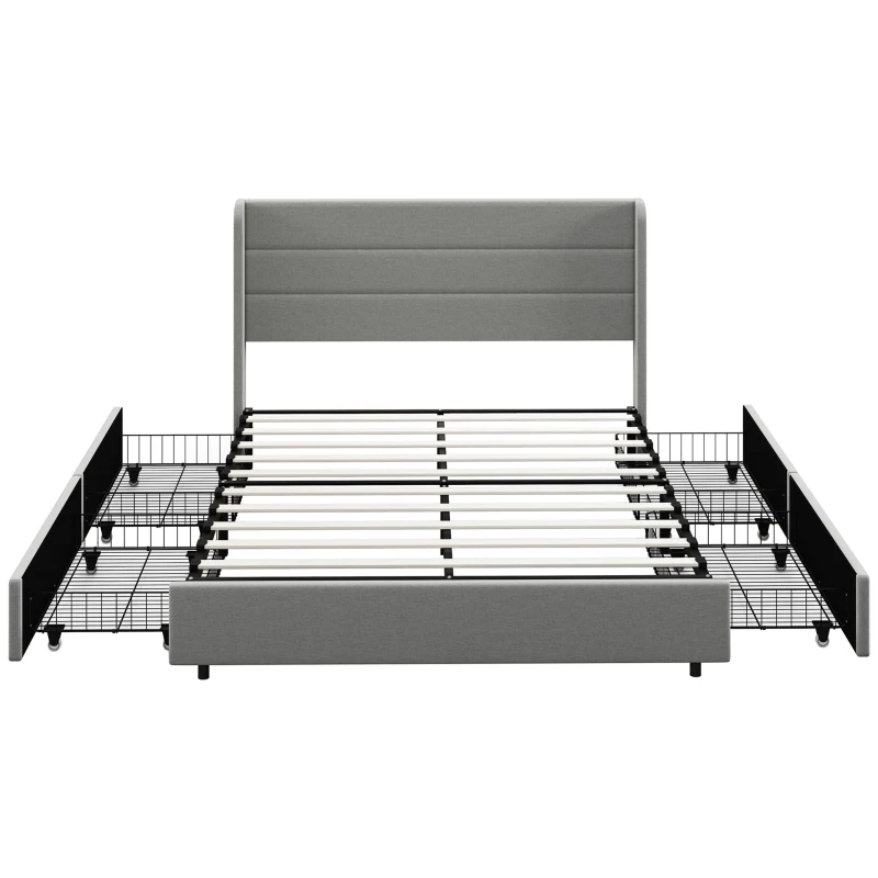 HOMCOM Queen Bed Frame with Storage Drawers, Queen Size Bed Base with Headboard, Wood Slats, Noise-Free, Light Gray