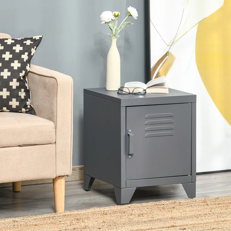 HOMCOM Industrial End Table, Living Room Side Table with Locker-Style Door and Adjustable Shelf, Grey