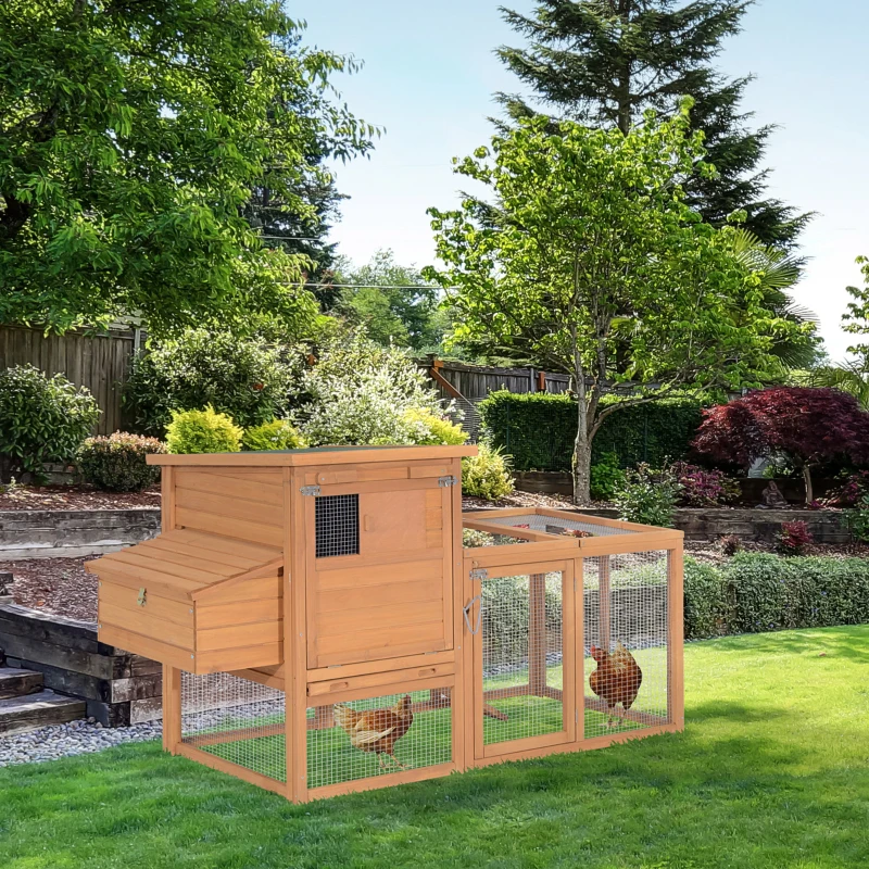 PawHut 75" Wooden Chicken Coop with Nesting Box, Outdoor Hen House with Removable Tray, Ramp, Run, Poultry Cage for Garden Backyard, Natural Wood