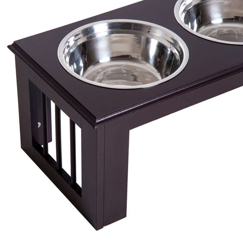 PawHut 10" Height Dog Feeding Station for Messy Pets, Stainless Steel Elevated Dog Bowls with Modern Wooden Frame, Dog Food Stand Pet Feeding Station, Dark Brown