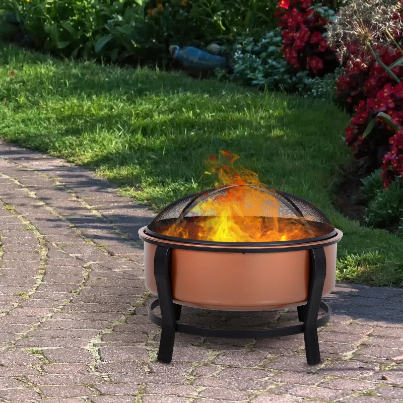 Outsunny 30 Inch Outdoor Fire Pits, Copper-Colored Round Basin Camping Fire Pit, Wood Burning Firepit Bowl with Ornate Black Base, Log grate, Wood Poker, & Mesh Screen for Embers