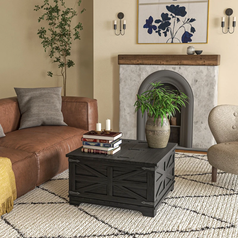 HOMCOM Farmhouse Coffee Table, Square Center Table with Flip-top Lids, Hidden Storage Compartment, Distressed Black