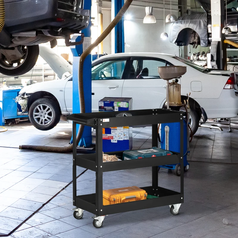 DURHAND 3 Tier Rolling Tool Cart with Wheels, 330 LBS Capacity Heavy Duty Utility Cart, Mobile Service Cart for Garage, Black