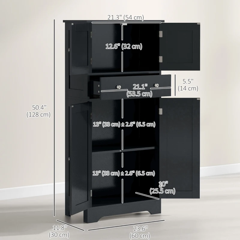 HOMCOM 50.5" Kitchen Storage Cabinet, Modern Kitchen Pantry Cabinet with 4 Doors, Drawer, Adjustable Shelf, Black