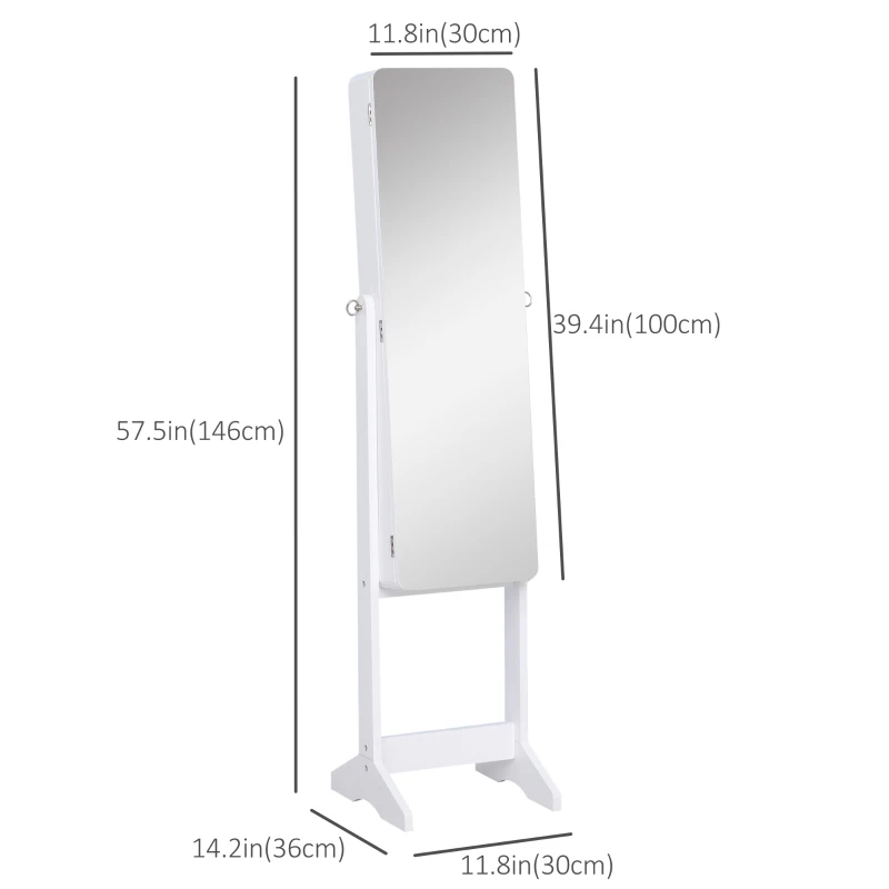 HOMCOM Freestanding Mirror Jewelry Cabinet Armoire, LED Lighted Jewelry Organizer with Stand, Angle Adjustable, White