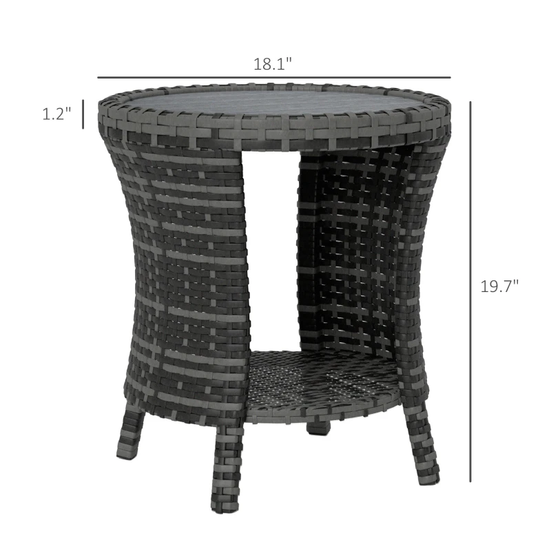 Outsunny 18" Wicker Outdoor Coffee Table, PE Rattan Patio Side Table with 2-Tier Storage, Composite Wood Top, Gray
