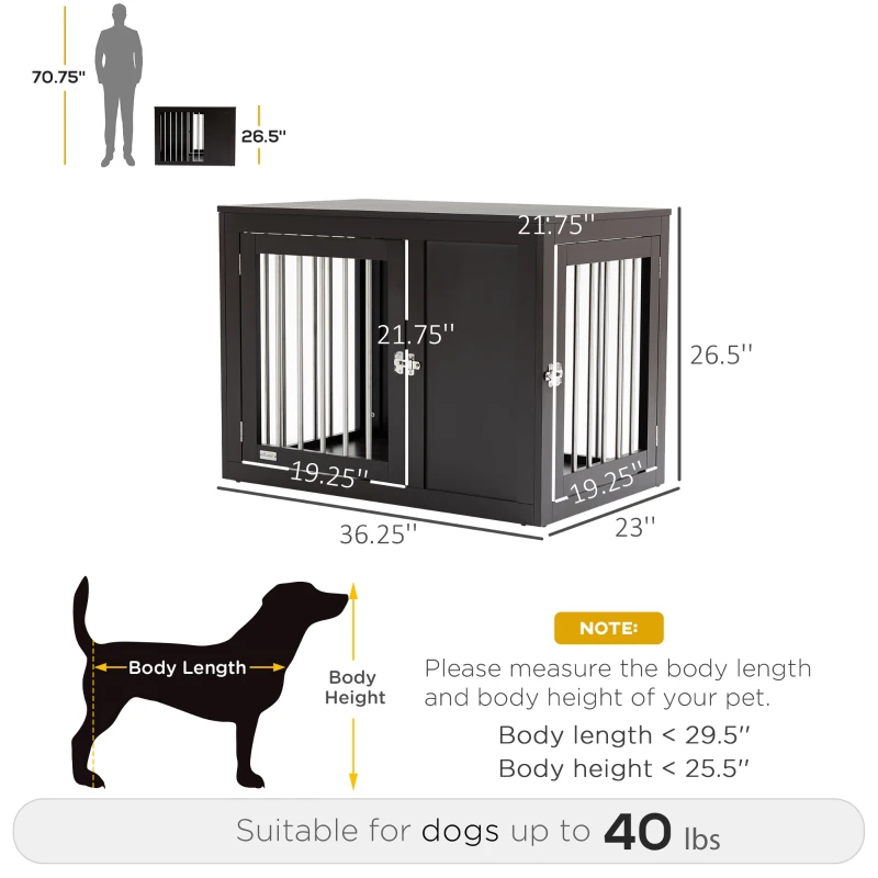 PawHut Dog Crate Furniture Wire Pet Cage Wooden Dog Kennel, End Table with Double Doors, and Locks, for Medium and Large Dog House Indoor Use, Coffee