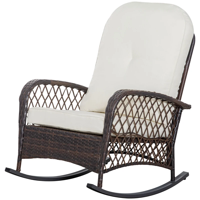 Outsunny Rattan Rocking Chair, Outdoor Wicker Patio Rocker Chair Furniture with Thick Cushions, for Garden Backyard Porch, Cream White
