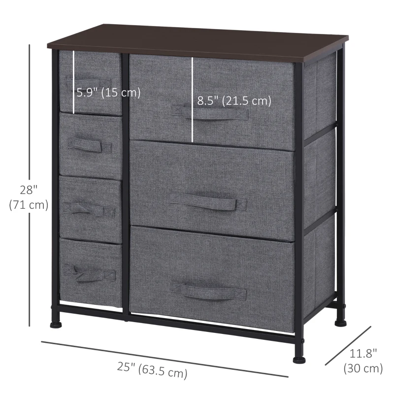 HOMCOM Dresser for Bedroom with 7 Drawers, Chest of Drawers with Metal Frame, Fabric Dresser for Living Room, Dark Grey