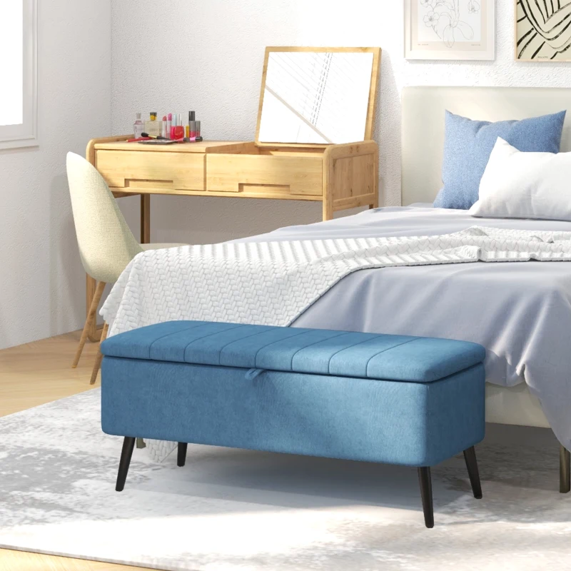 HOMCOM 40" Ottoman with Storage, Linen Upholstered Storage Ottoman Bench with Steel Legs for Living Room, Bedroom Dark Blue