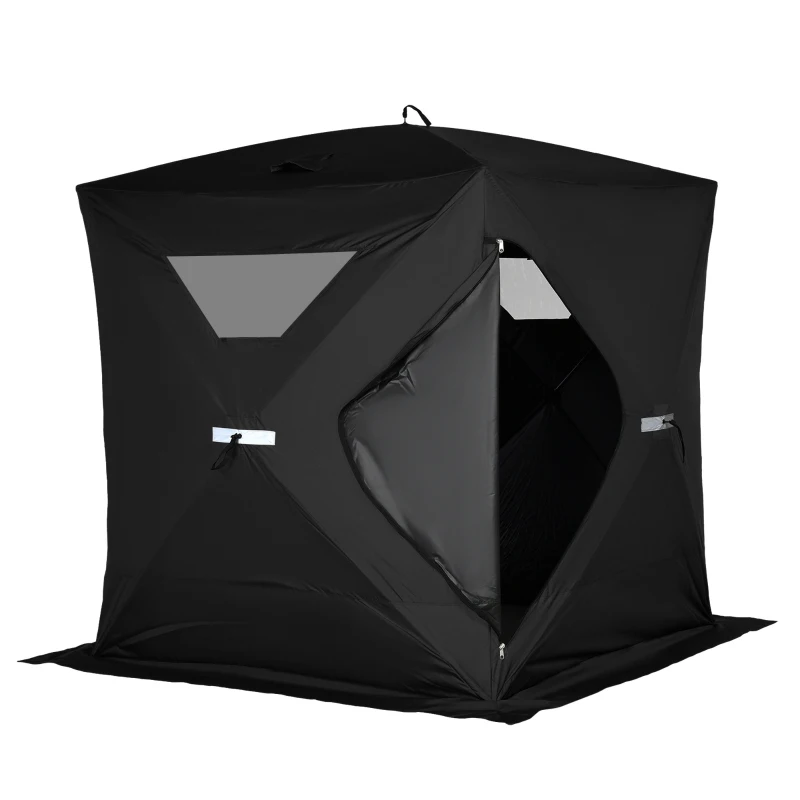 Outsunny 2-4 People Ice Fishing Shelter, Pop-Up Portable Ice Fishing Tent with Carry Bag, Two Doors, Windows and Vents, Ice Shanty for Winter Fishing, Black