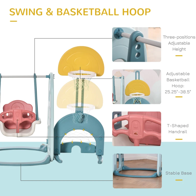 Qaba 5 in 1 Toddler Slide and Swing Set with Adjustable Seat Height and Basketball Hoop, Ring Toss Game, Freestanding Kids Climber Slide Playset with Basket Ball for Indoor Playground 18-60 Months
