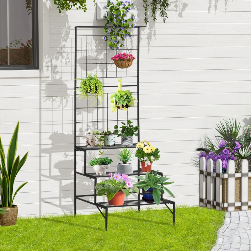 Outsunny 3-Tier Hanging Plant Stand with Grid Panel, Planter Shelves Flower Pot Organizer Rack, Multiple Flower Pot Display Holder Shelf