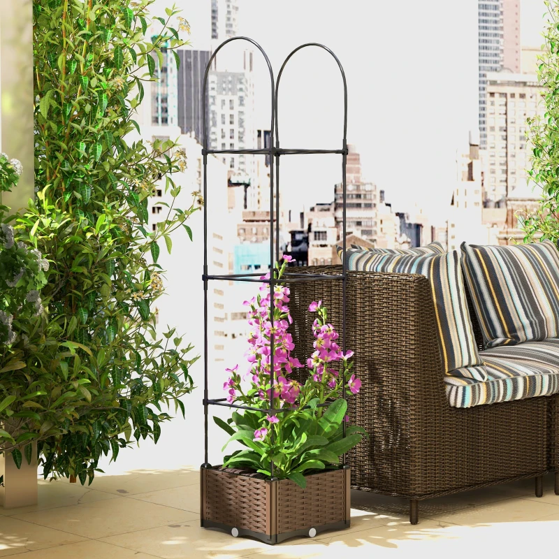 Outsunny Raised Garden Bed with Tomato Planter Cage, Plastic Planter Box with Trellis, Self-Watering Disk, Drainage Holes for Climbing Plants