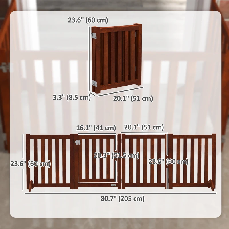 PawHut Foldable Dog Gate with Door, 4 Panels Fressstanding Pet Gate, Brown