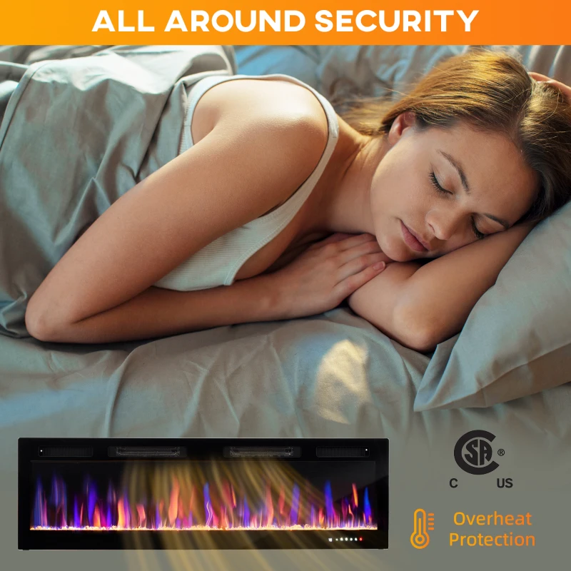 HOMCOM 60" Electric Fireplace Recessed and Wall Mounted, 1500W Ultra-thin with Adjustable Flame, Crystal, Black