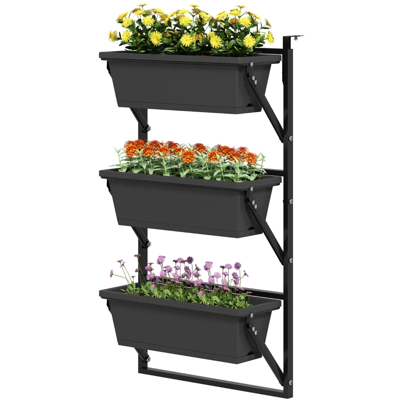 Outsunny 3-Tier Wall-Mounted Planter Box with 3 Pots, Vertical Planters for Outdoor Plants, Dark Grey