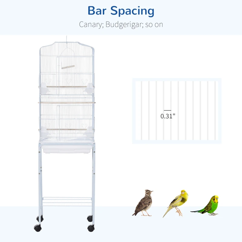 PawHut 62" Rolling Bird Cage Cockatoo House Play Top Finch Pet Supply with Storage Shelf, Wheels - White
