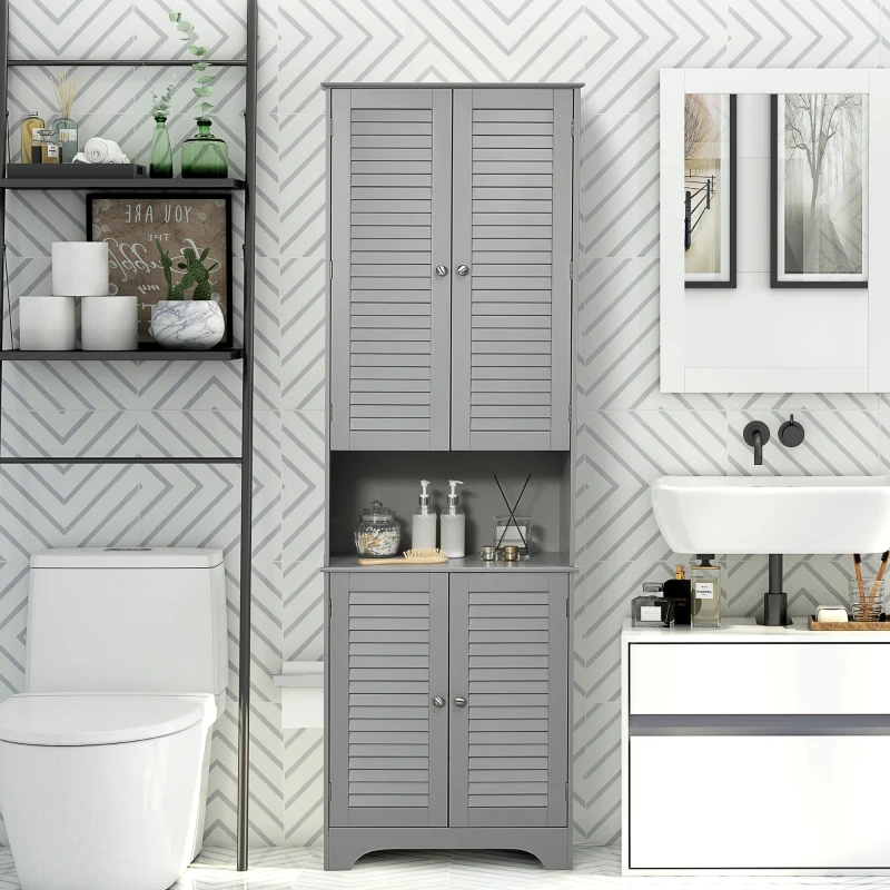 HOMCOM Tall Narrow Bathroom Storage Cabinet with Doors and Shelf Adjustability, Freestanding Linen Cabinet with 2 Cabinets and Countertop, Gray