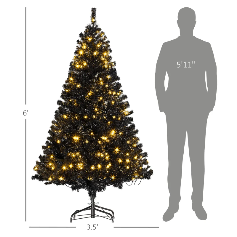 HOMCOM 6 FT Tall PreLit Artificial Christmas Tree with Realistic Branches, 250 Warm White LED Lights and 1000 Tips, Black