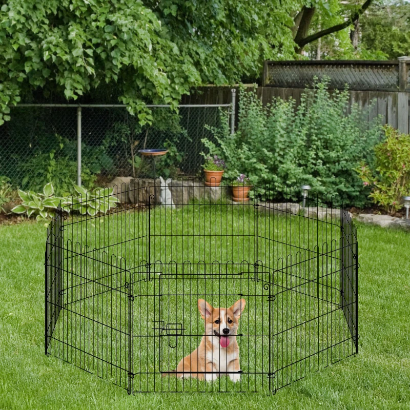 PawHut 24inch 8-Panel Dog Playpen Octagon Pet Exercise Playpen Crate Foldable Dog Cage Pen Puppy Kennel, Black