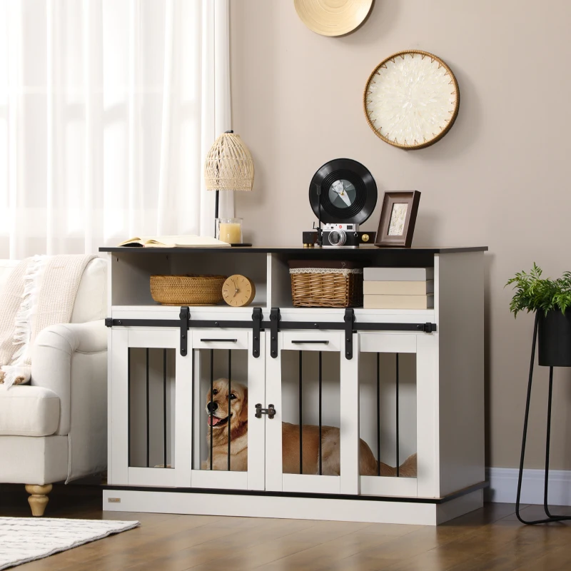 PawHut Dog Crate Furniture for Large Small Dogs, Double Dog Kennel, White