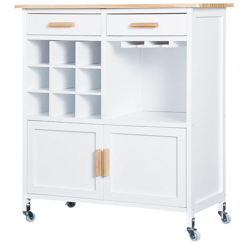 HOMCOM Portable Kitchen Trolley with Bamboo Top Storage Cabinet and Wine Rack (White)