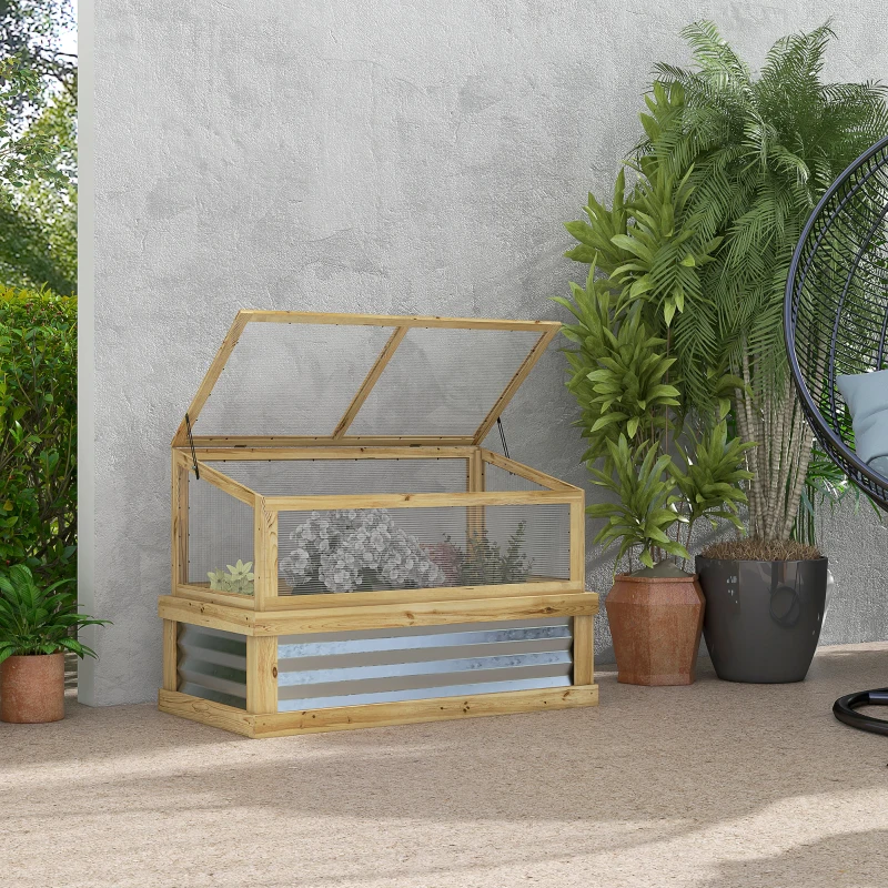 Outsunny Raised Garden Flower Bed Kit with Lean-to Greenhouse, Wooden Cold Frame Planter, 41" x 22.5" x 28.25", Natural