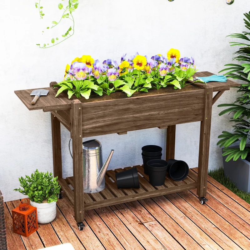 Outsunny Wood Raised Planter Box, Elevated Garden Bed with Lockable Wheels, Side Tables, Bottom Shelf, Drain Holes, Carbonized