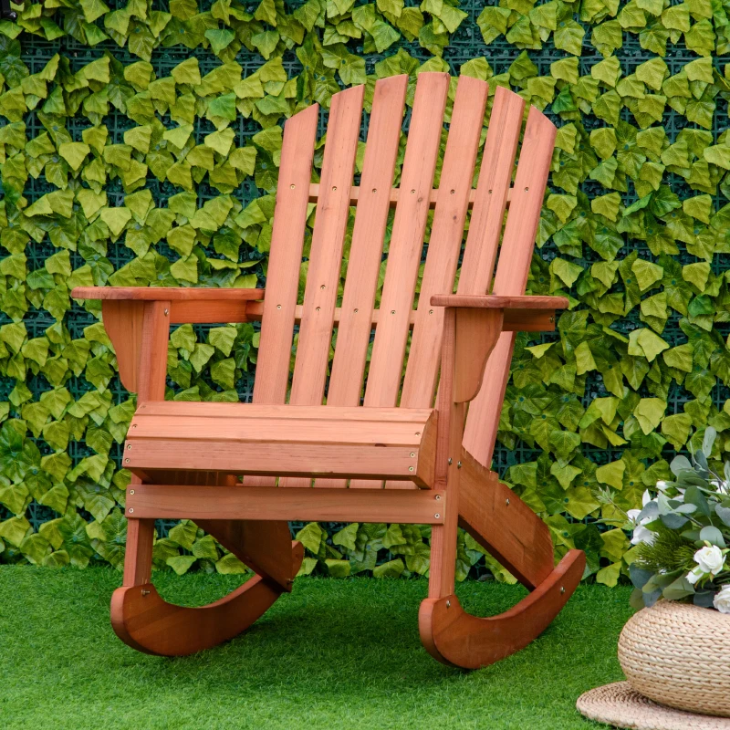 Outsunny Wooden Adirondack Rocking Muskoka Chair with Slatted Wooden Design, Fanned Back and Classic Rustic Style, Teak