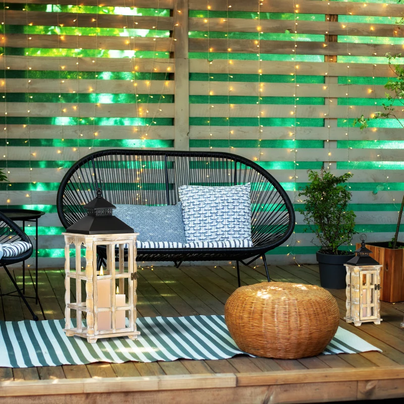 HOMCOM 2 Pack 31"/21" Large Rustic Lantern Decorations, Hanging Wooden Metal Indoor Covered Outdoor Lantern for Home Decor (No Glass), Black and Distressed Natural Wood Color