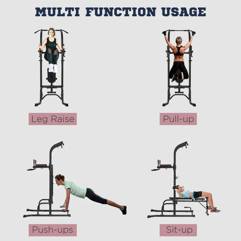 Soozier Multi-Function Training Stand Power Tower Station Gym Workout Equipment with Sit Up Bench, Pull Up Bar, Black