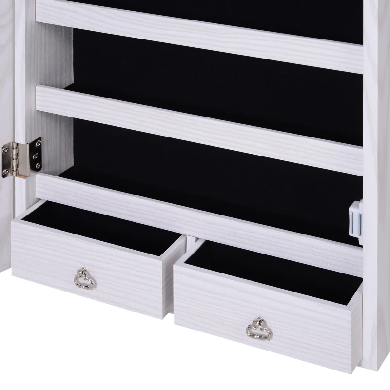 HOMCOM Mirror Jewellery Cabinet Armoire with LED Lights and 2 Keys, Wall Door Mounted Jewellery Organizer, Lockable Full-length Mirror, Wood Grain Grey