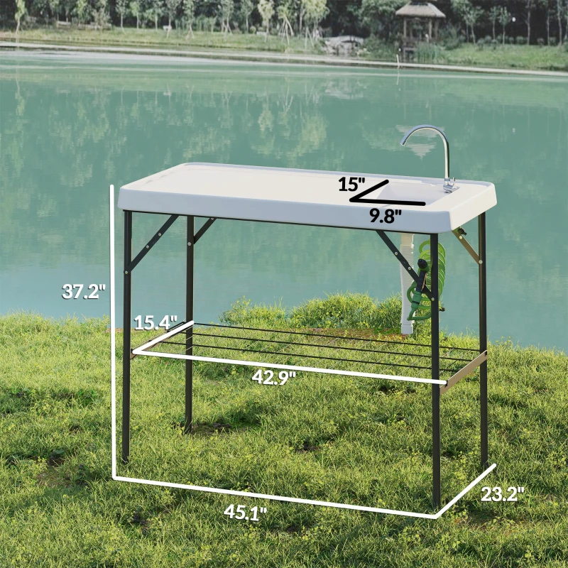 Outsunny Folding Fish Cleaning Table with Sink, Portable Camping Table with Faucet, Drainage Hose, Sprayer and Shelf, White