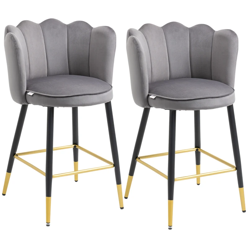 HOMCOM Bar Stools Set of 2 Modern Counter Height Bar Stools with Back, Footrest for Home Kitchen, 23.2"x20.5"x35.4", Grey