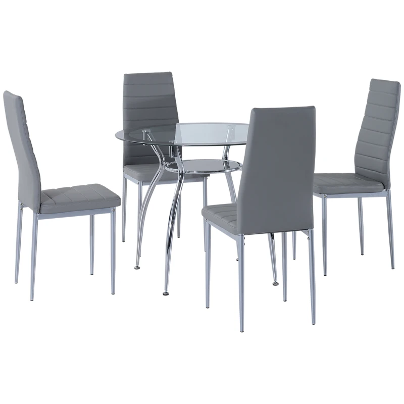 HOMCOM Dining Table Set for 4, Round Kitchen Table and Chairs, Glass Dining Room Table and PU Leather Upholstered Chairs