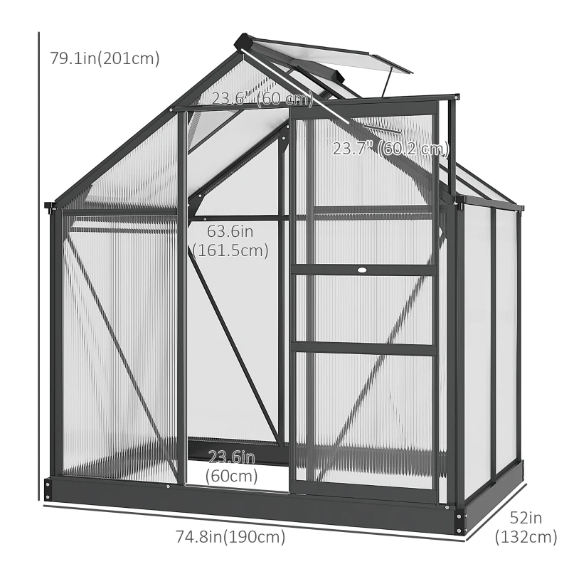 Outsunny Greenhouse Garden, Green House, Outdoor Greenhouse Kit, PC Board with Sliding Door, 6.2' x 4.3' x 6.6', Grey