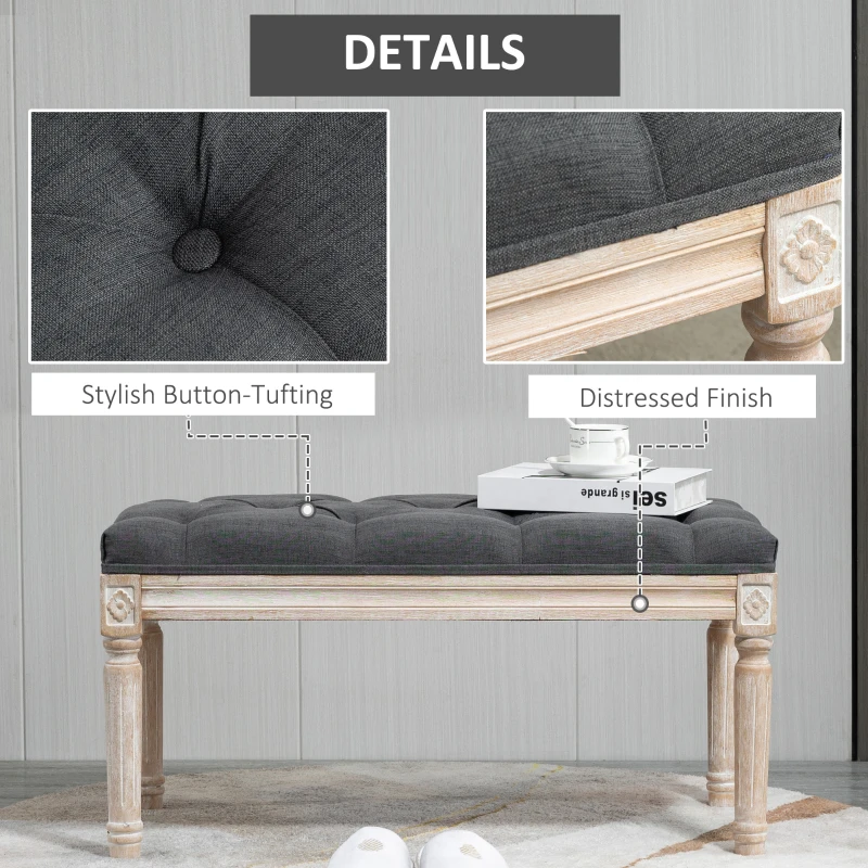 HOMCOM 32" Vintage Ottoman, Tufted Foot Stool with Upholstered Seat, Rustic Wood Legs for Bedroom, Living Room, Gray