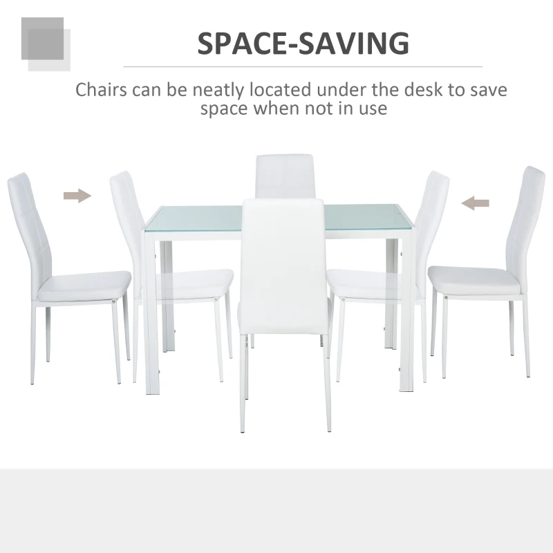 HOMCOM 5-Piece Rectangular Glass Kitchen Table and Chairs with Metal Frame and Faux Leather Upholstery for Dining Room, White