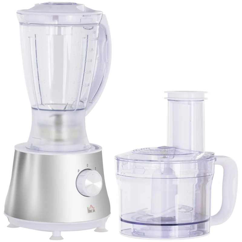 HOMCOM 2 in 1 Blender and Food Processor Combo for Chopping, Slicing, Shredding, Mincing and Pureeing for Vegetable, Meat and Nuts, 500W 5-Cup Bowl, 1.5L Blender Jug, 3 Blades and Adjustable Speed
