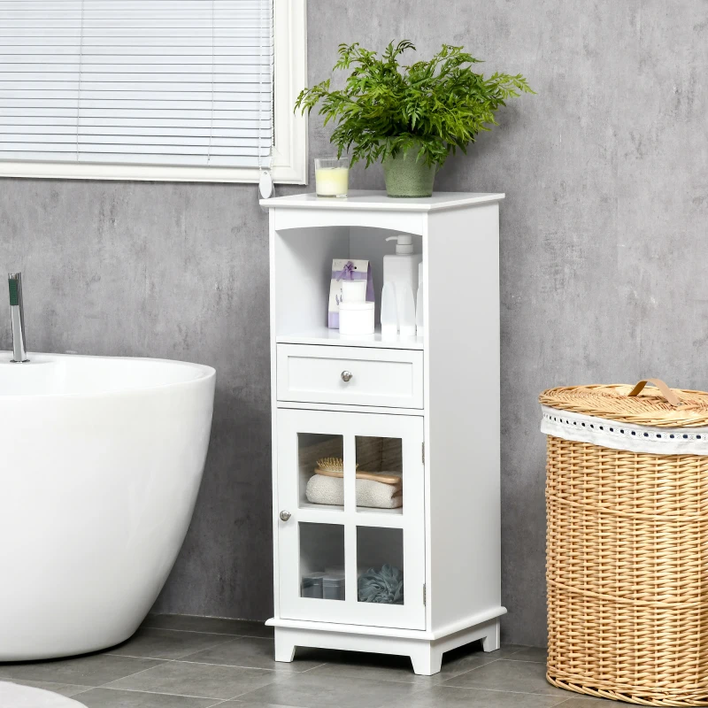 kleankin Bathroom Floor Cabinet with Drawer, Glass Door Side Cabinet, Multifunctional Corner Unit with Adjustable Shelf for Home Office, Living Room, White