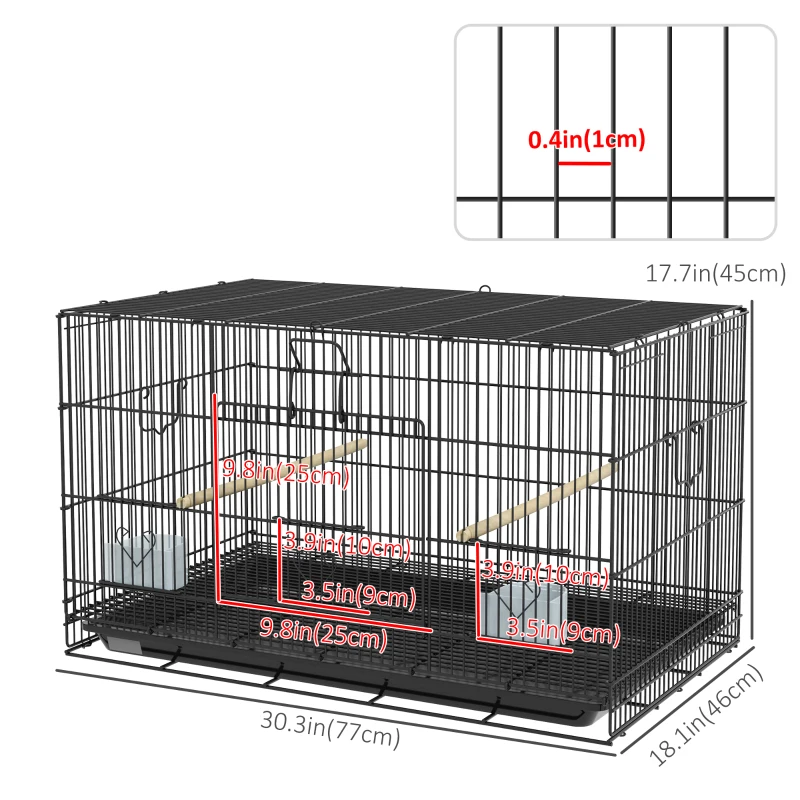 PawHut Birdcage for Canaries, Lovebirds Finches, Budgie Cage with Removable Tray, Bottom Mesh Panel, Wooden Perches, Swing, Ramp, Food Containers, 30" L x 18" W x 18" H
