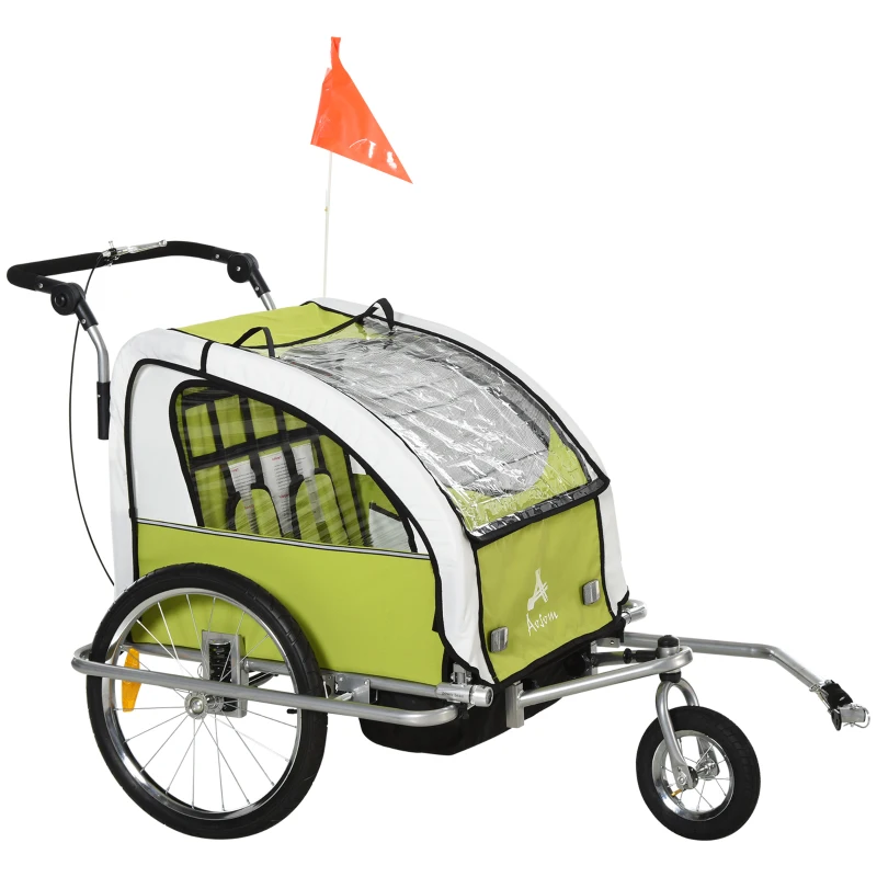 Aosom Elite 360 Swivel Bike Trailer for Kids Double Child Two-Wheel Bicycle Cargo Trailer With 2 Security Harnesses, Green