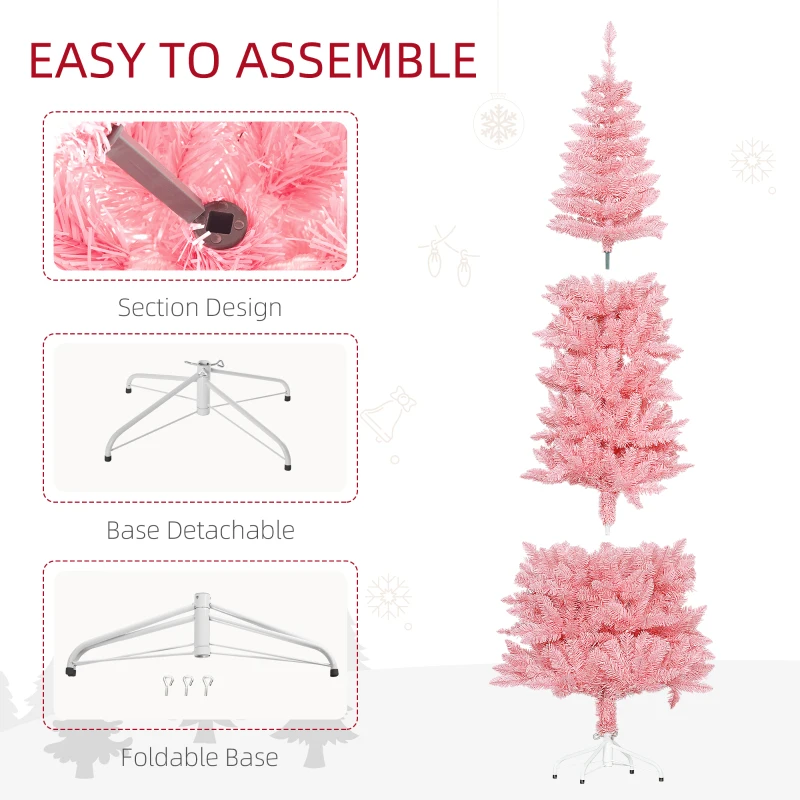 HOMCOM 7ft Tall Pencil Artificial Christmas Tree with 687 Branch Tips with Steel Base, Pink