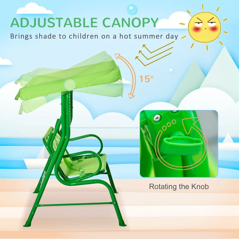 Outsunny Porch Swing for Kids with Adjustable Canopy to Block Sun at Angles, Kids Swing Chair with Seatbelts, Frog Pattern, Gift for Kids Ages 3-6, Green